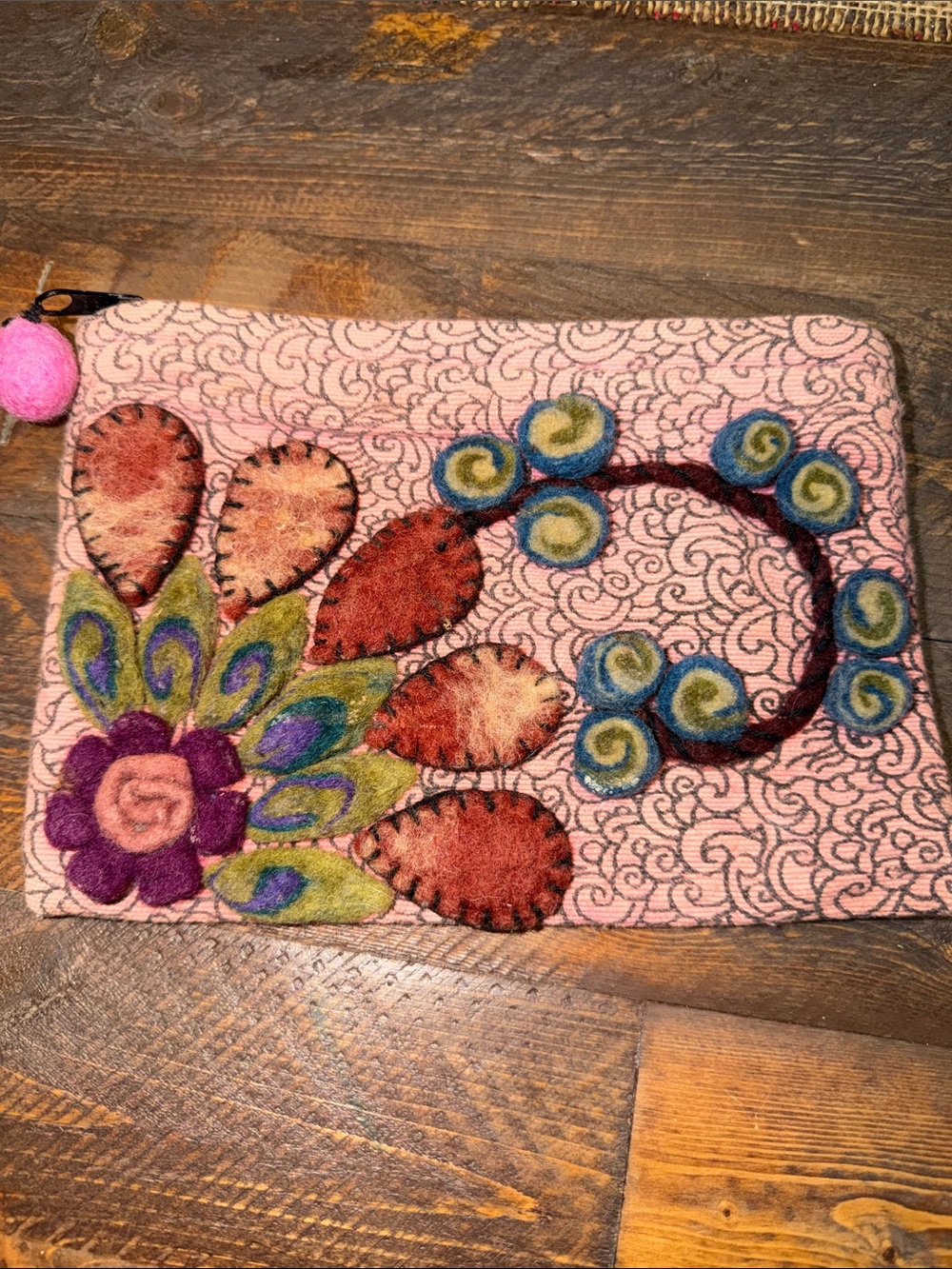 Rising Tide Spring Felted Wool Zipper Pouch 3D floral & leaf applique handmade
